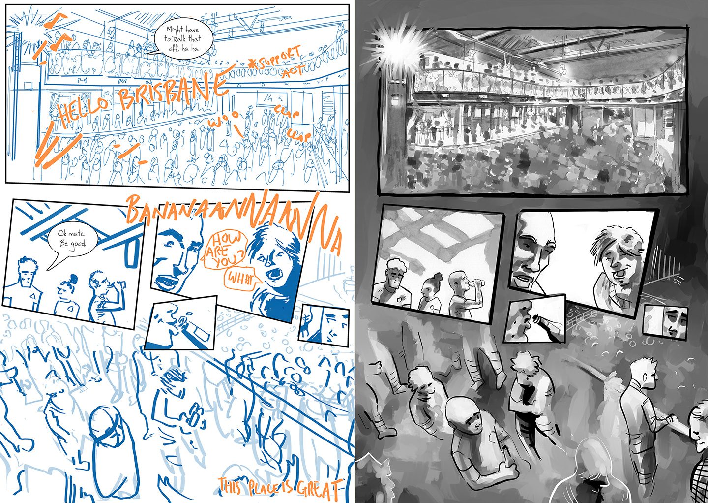Comic page from life in the gutter- venue crowd scene